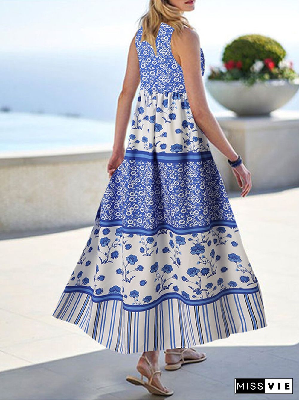 Floral Stripe Print V-neck Sleeveless Swing A-line Maxi Dress