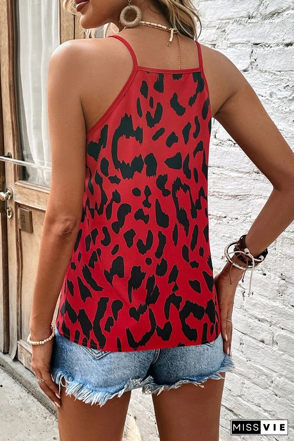 V Neck Leopard Spaghetti Cami Top