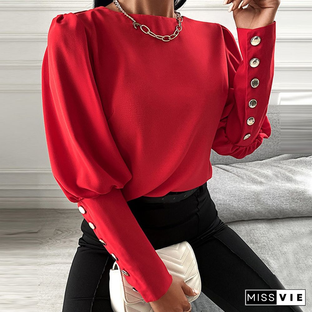 S-5XL Women Long Sleeve Round Neck Casual Satin Blouse Tops Solid Color Elegant Ladies Shirts