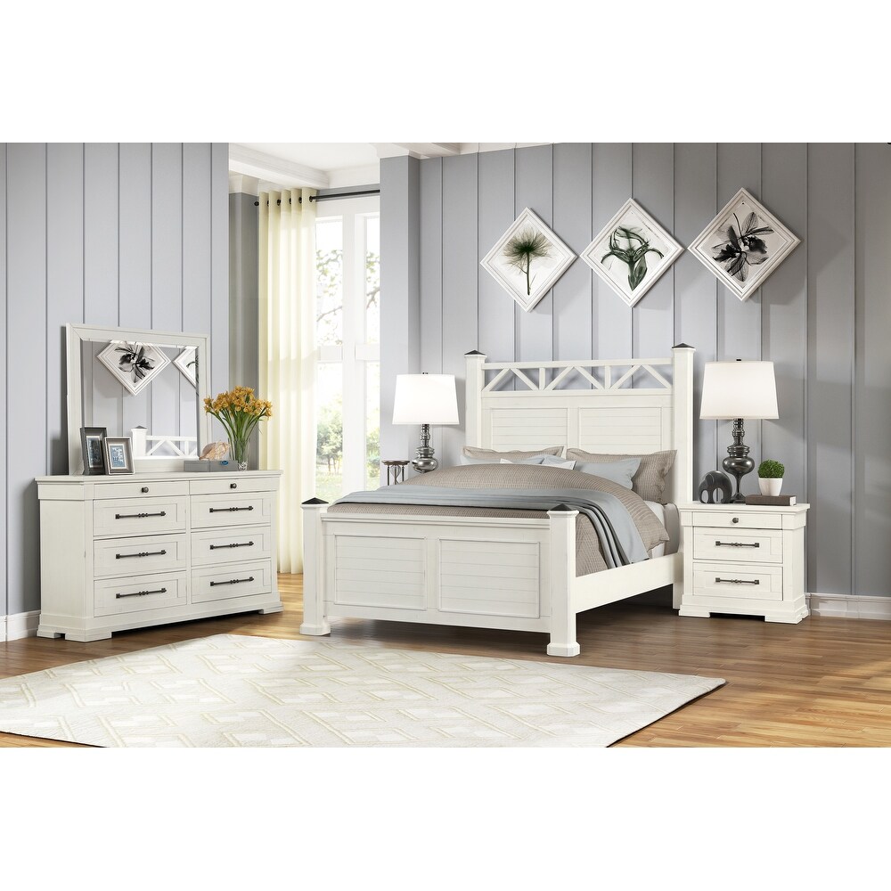 Roundhill Furniture Laria Antique White Finish Wood Panel Bed with Dresser  Mirror  and Two Nightstands