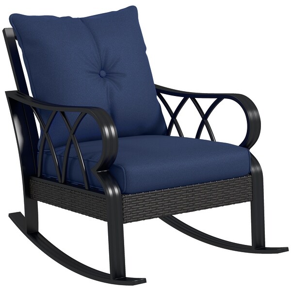 Outsunny Outdoor Wicker Rocking Chair with Padded Cushions，Aluminum Furniture，Rattan Porch Rocker Chair w/ Armrest for Garden