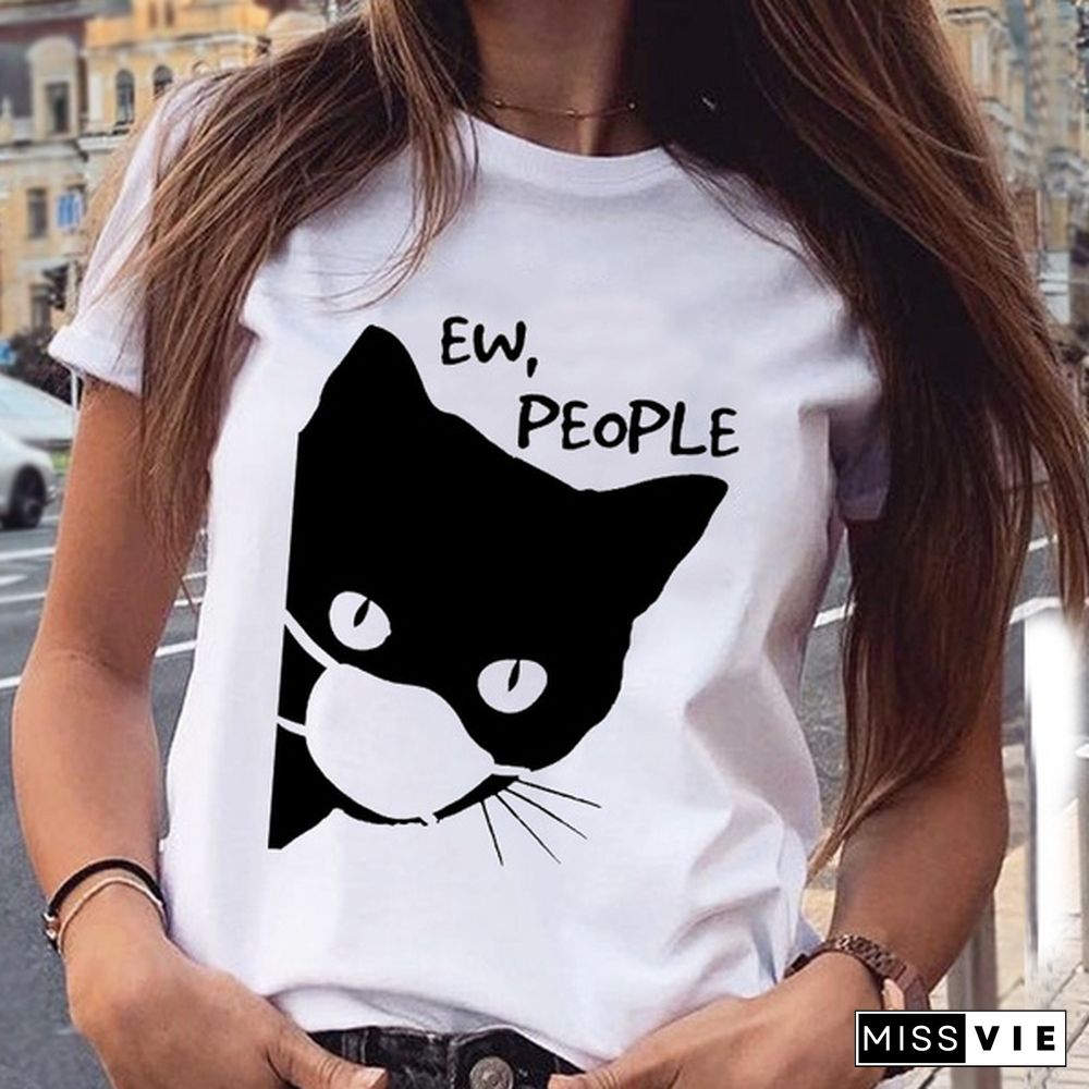 Women Graphic Cat Funny Face Animal Fashion Short Sleeve Spring Summer Cartoon Print Female Clothes Tops Tees Tshirt T-Shirt