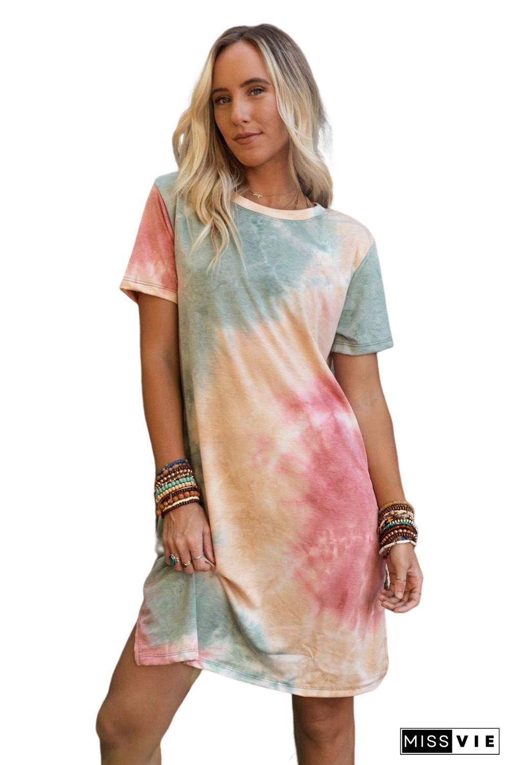 Multicolor Tie Dye Oversized Slit Tee Dress