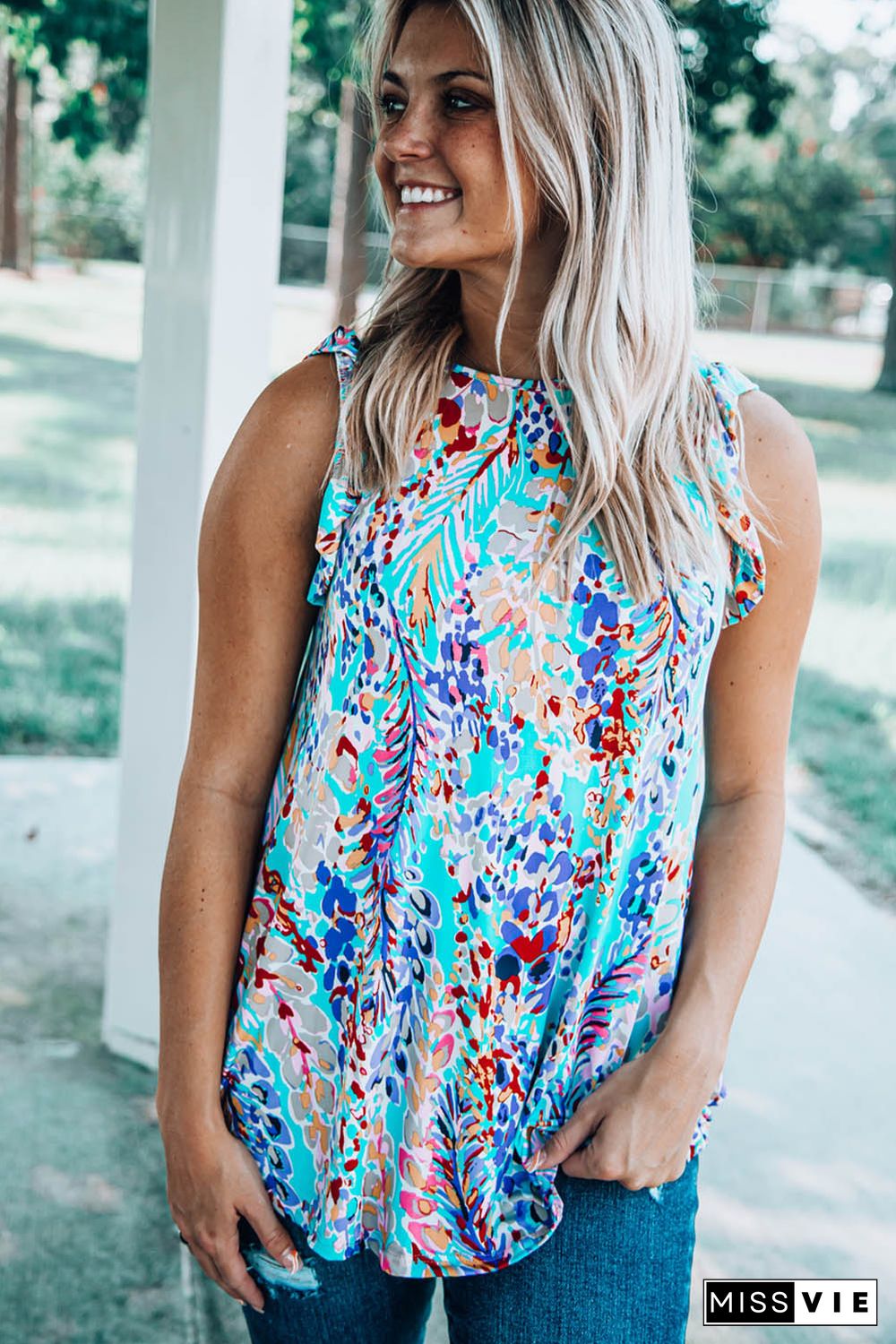 Sky BlueFloral Print Tank Top with Ruffles