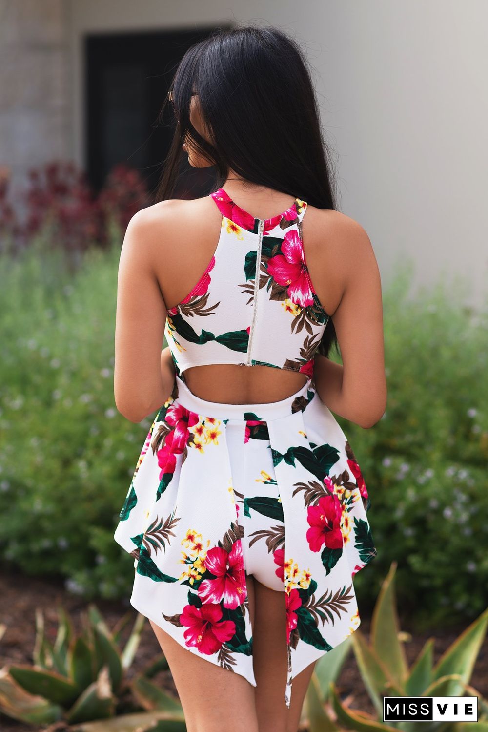 Floral Print Sleeveless Back Cut Out irregular Romper