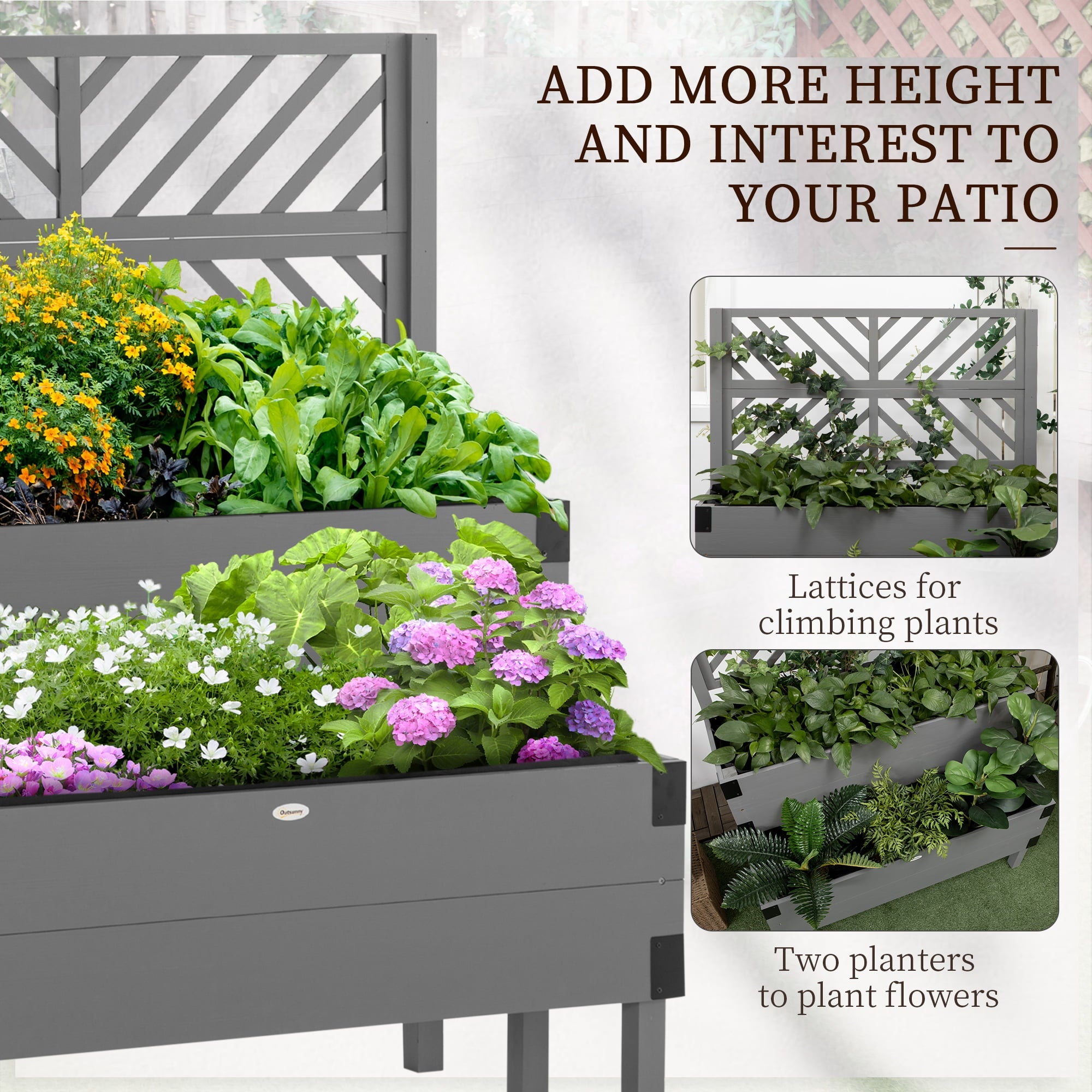 Outsunny 2 Tier Raised Garden Bed with Trellis, Wooden Elevated Planter Box with Legs and Metal Corners, for Vegetables, Flowers, Herbs, Gray