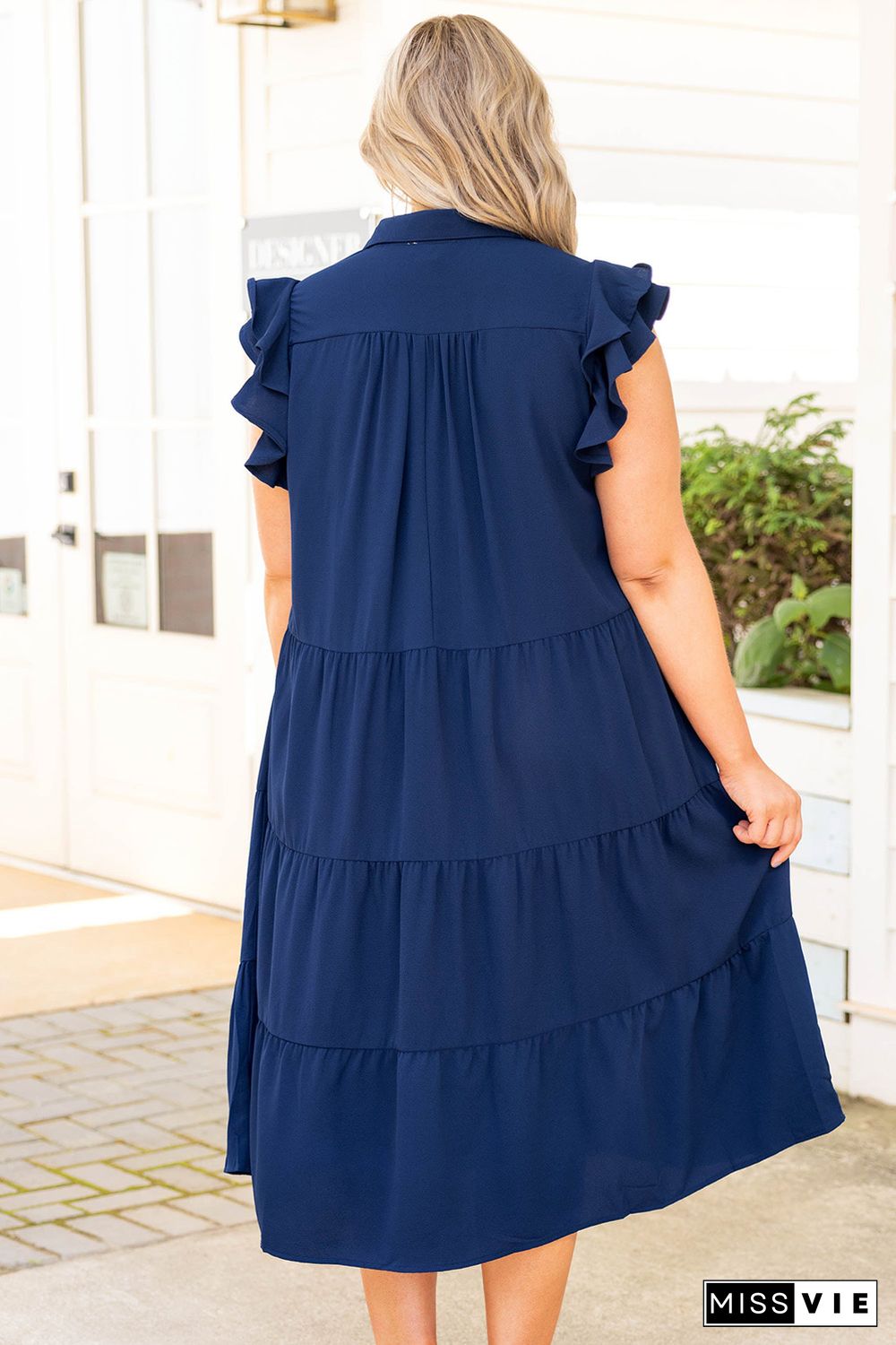 Blue Plus Size Ruffled Tiered A-line Midi Dress