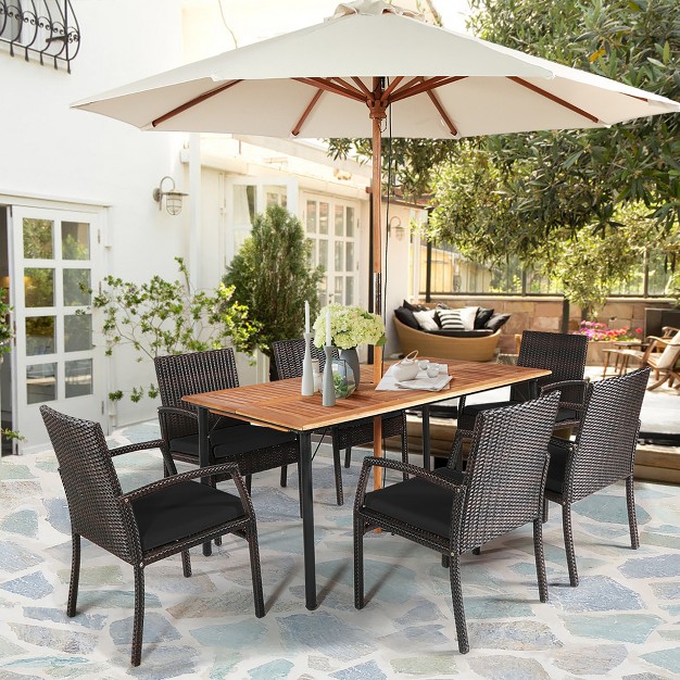 Costway 7pcs Patio Rattan Dining Chair Table Set With Cushion Umbrella Hole Black