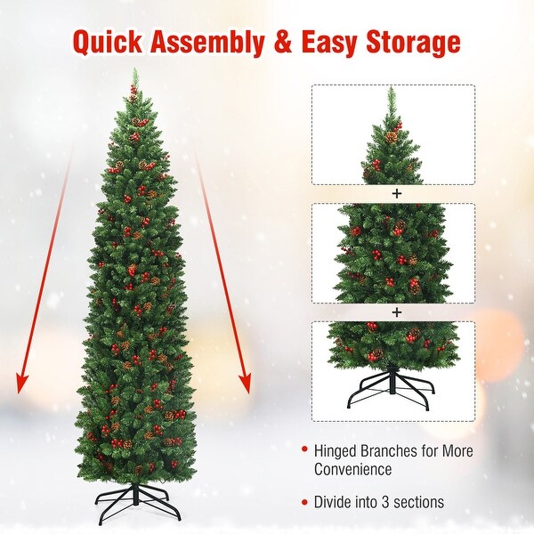 Gymax 7.5Ft PreLit Pencil Christmas Tree Hinged Artificial Slim Tree