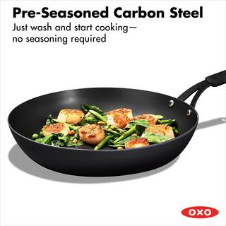 OXO Black Steel 12 in. Pre-Seasoned Carbon Steel Induction Safe Frying Pan with Silicone Sleeve in Black CC005101-001