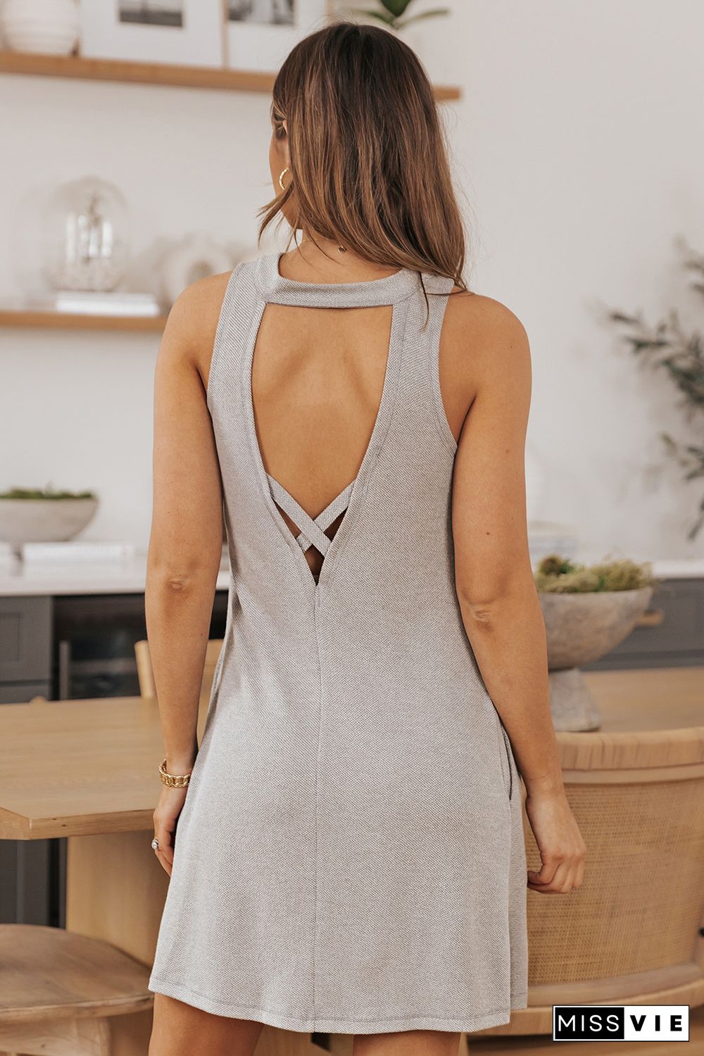 Gray Crisscross Cut-out Back Knit Sleeveless Dress