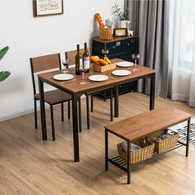 Gadgsetstore 4pcs Dining Table Set Kitchen Table With Bench And Chairs Industrial Gathering Bench Dining Set Brown grey