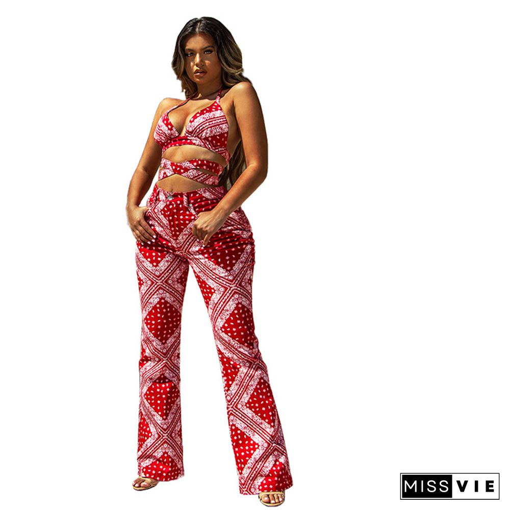 Summer Print Bandage Halter Bra Tops Pants 2 Piece Sets