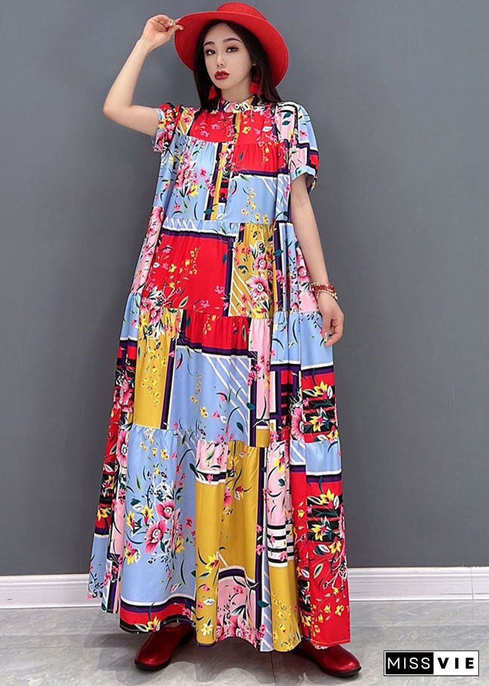 Boutique Red Stand Collar Print Patchwork Loose Long Dresses Short Sleeve