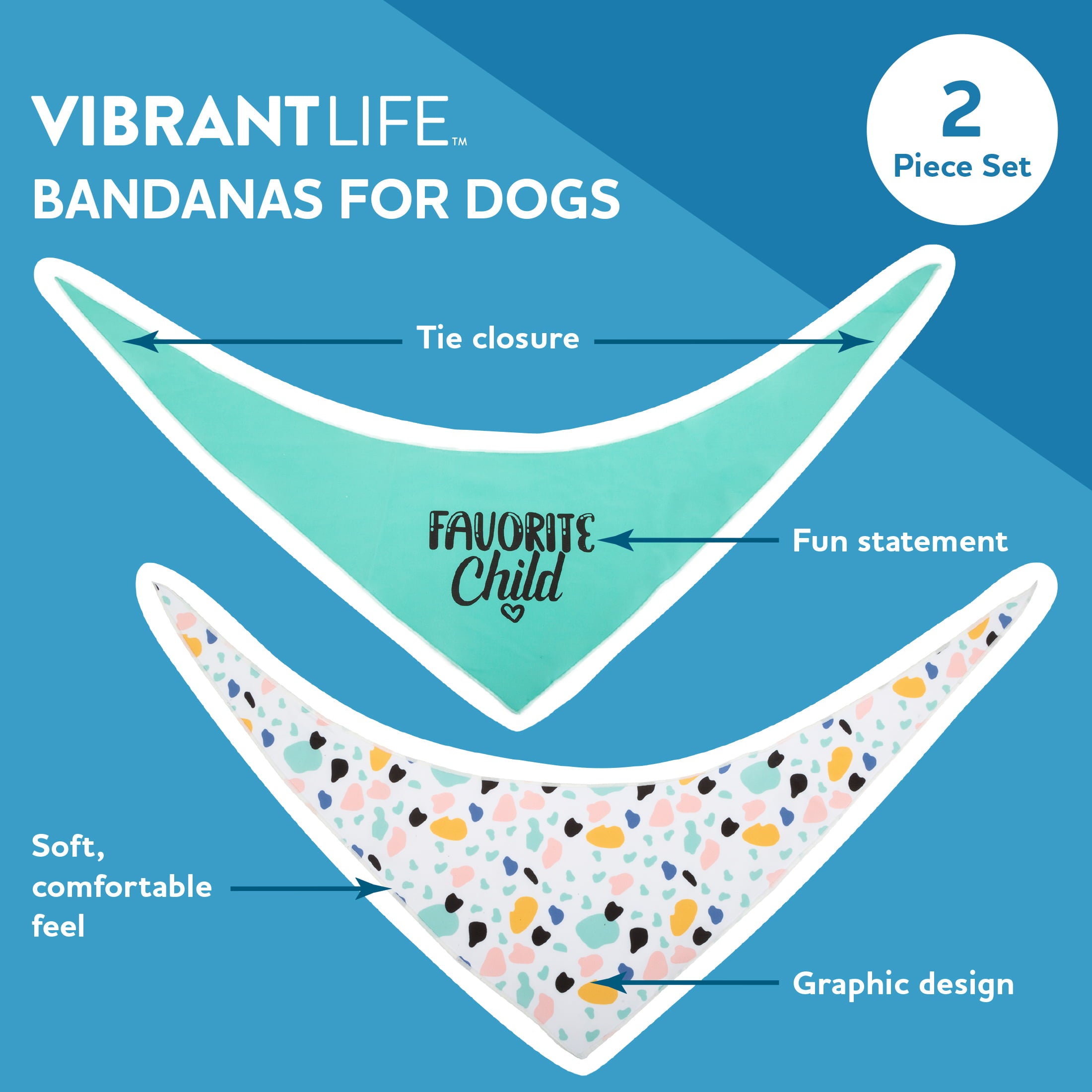 Vibrant Life Favorite Child Dog Bandana， 2 Pack， Multicolor， XS