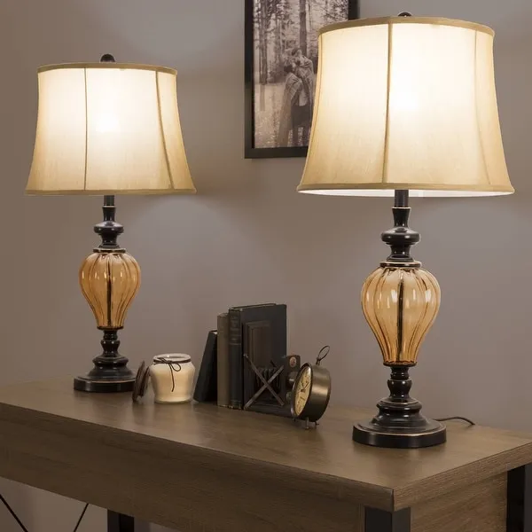 Table Lamps Set of 2， Amber Glass (2 LED Bulbs included) by