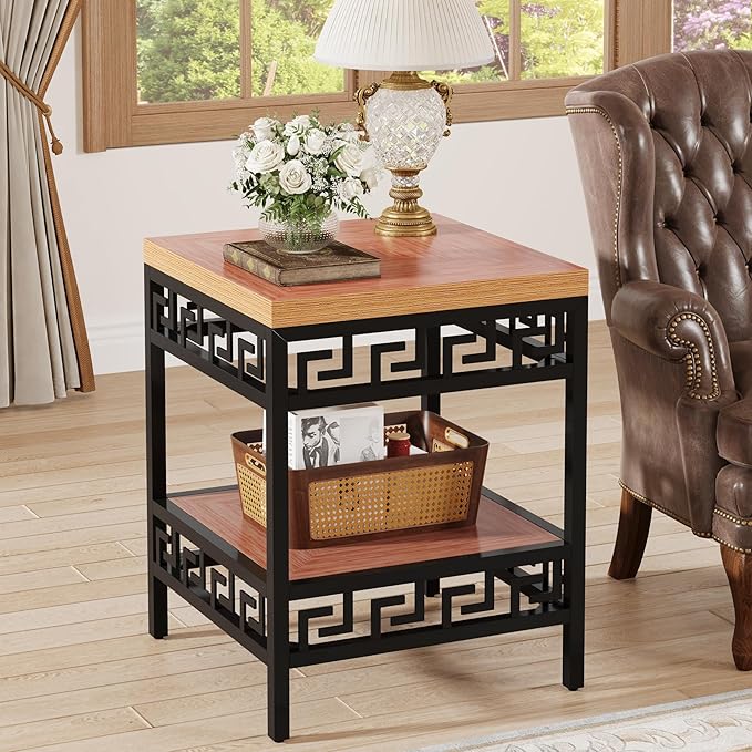 2-Tier End Table, Wood Sofa Side Table with Metal Carving