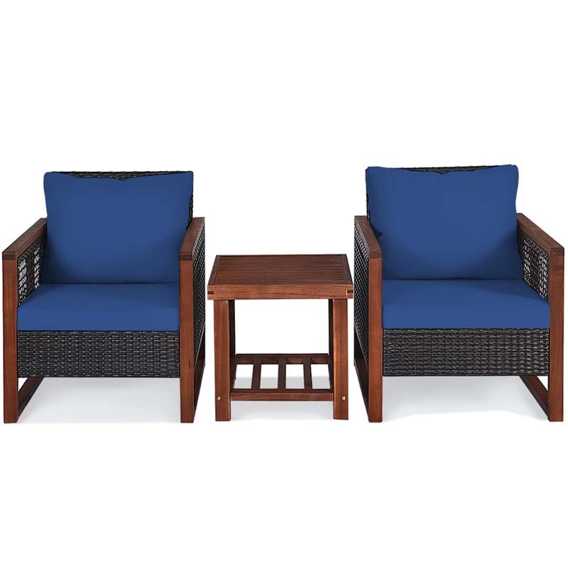 3 Pcs Rattan Patio Furniture Sofa Set Outdoor Conversation Bistro Set with Acacia Wooden Frame & Cushions