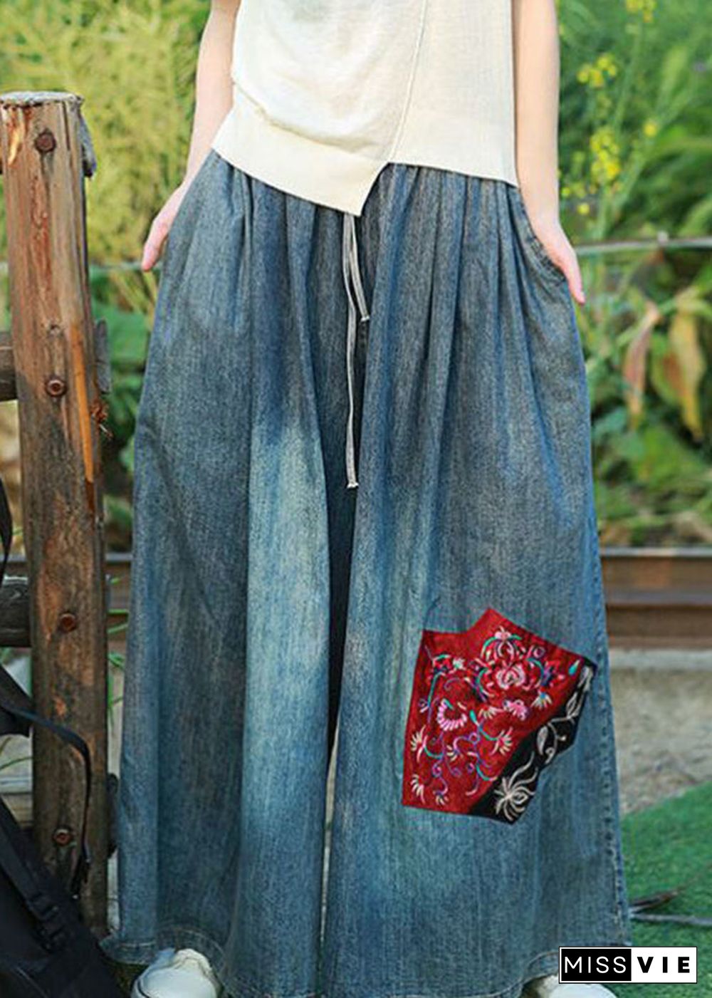 Bohemian Blue Embroideried Floral Pockets Elastic Waist Tie Waist Wide Leg Pants Summer