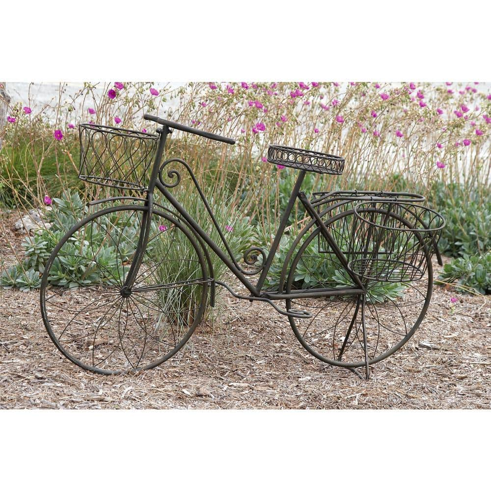 Litton Lane 31 in. Brown Metal Bike Indoor Outdoor Scrollwork And Wire Design Plantstand with Basket and Saddle Bag Planters 79182