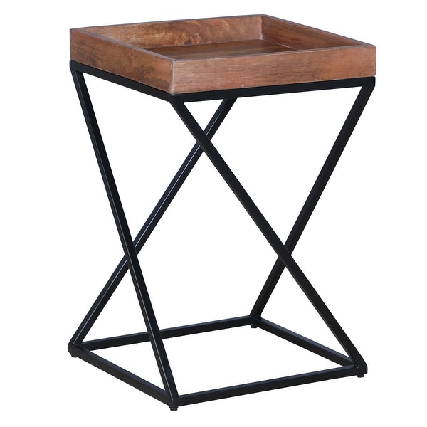 22 Inch Industrial End Side Table with Mango Wood Tray to P for Hallway， Foyer， Den， Bedroom， or Living Room， X Shape Iron Frame