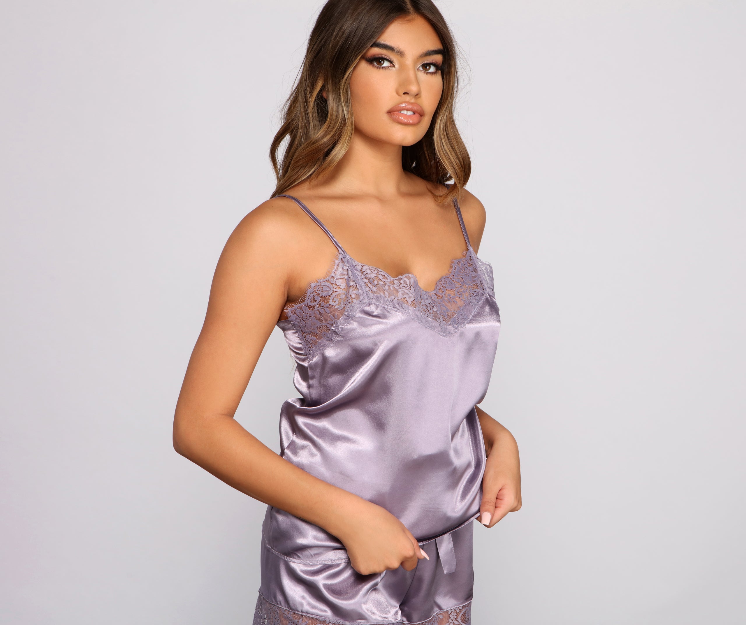 Luxe Satin Lace Trim Pajama Tank And Short Set