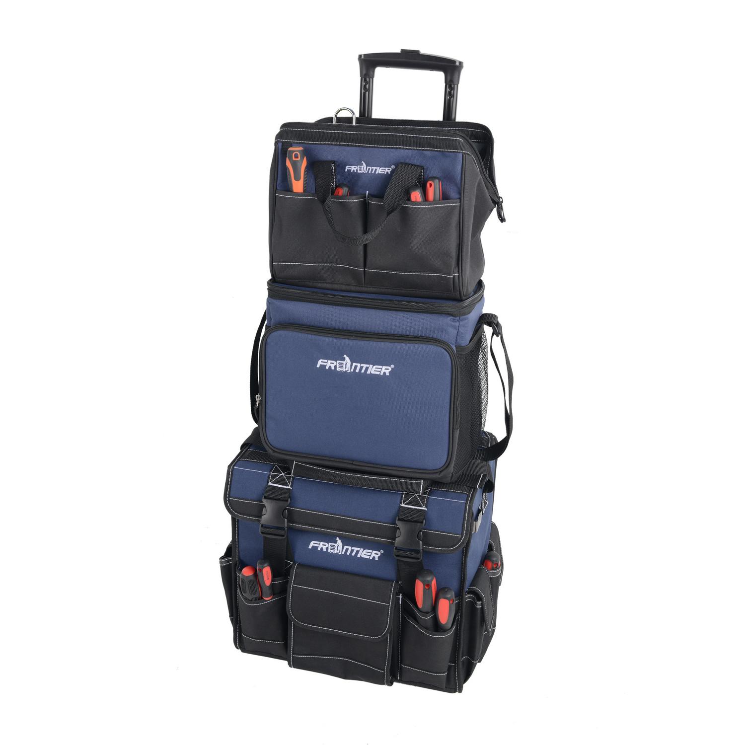 Frontier 3 Piece Tool Bag Combo Set with 15-inch Rolling Tool Bag， 12-inch Tool Bag and Insulated Cooler Bag