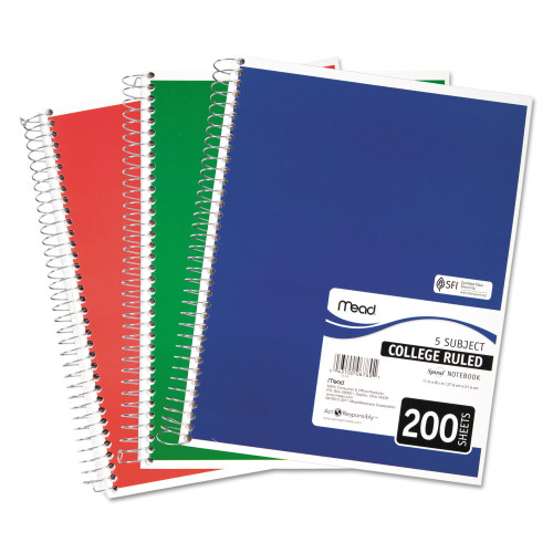 Mead Spiral Notebook， 5 Subjects， Medium/College Rule， Assorted Color Covers， 11 x 8， 200 Sheets (06780)