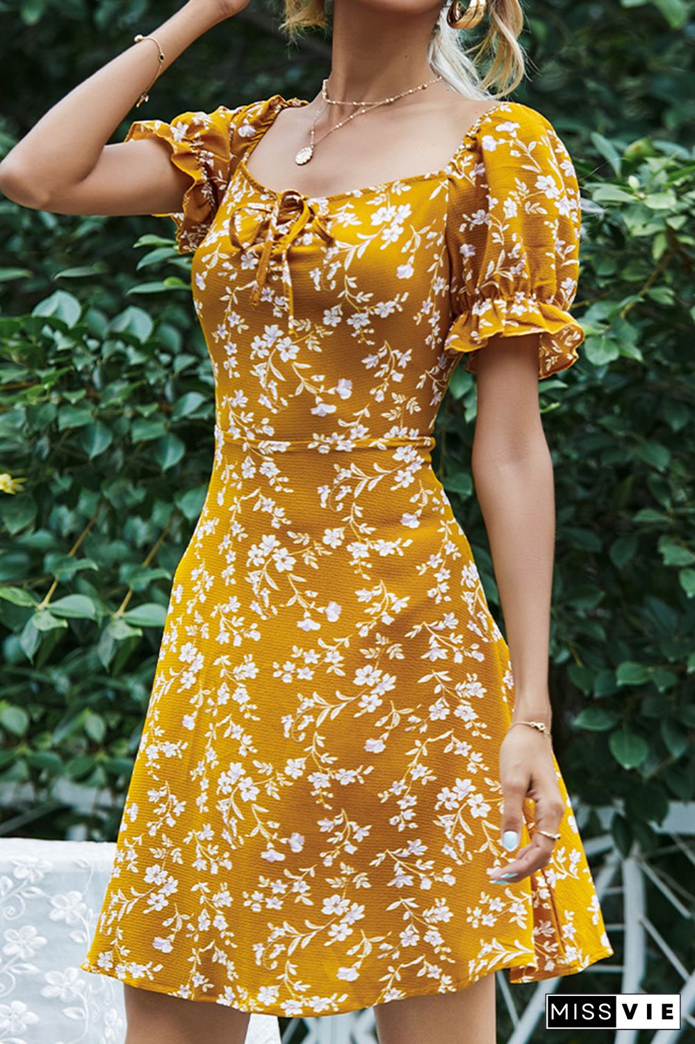 Mustard Square Neck Puffy Floral Swing Dress