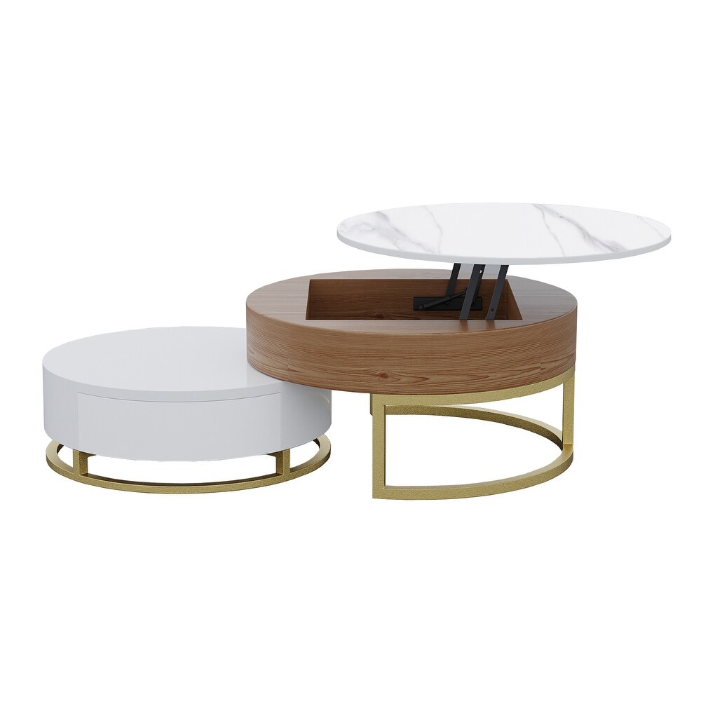 Round Coffee Table White with Storage Lift Top Wood Coffee Table Lifts up with Rotatable Drawers White Natural