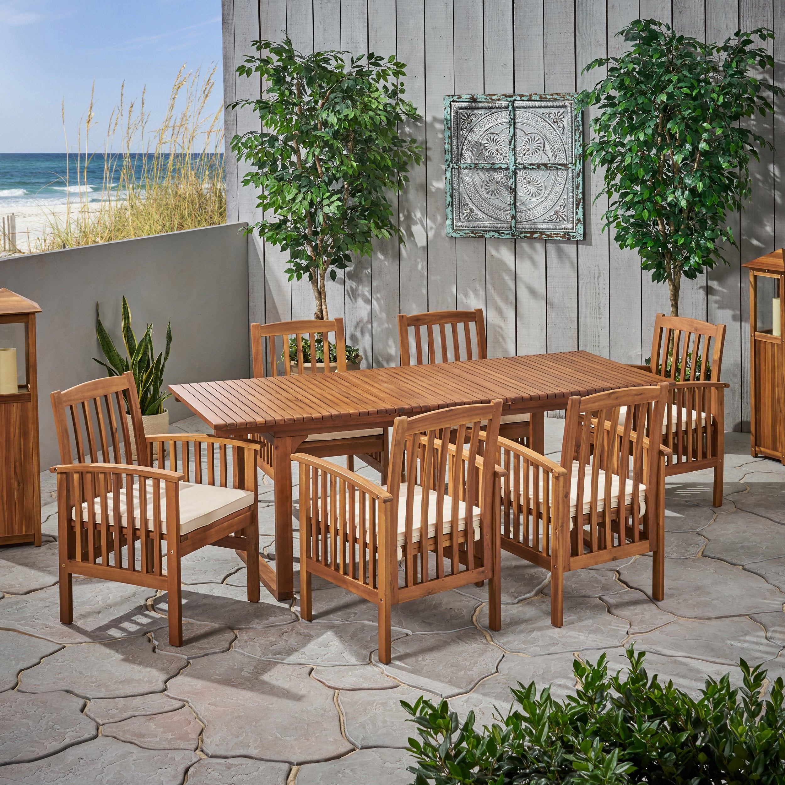 Bowdon Outdoor 6 Seater Expandable Acacia Wood Dining Set