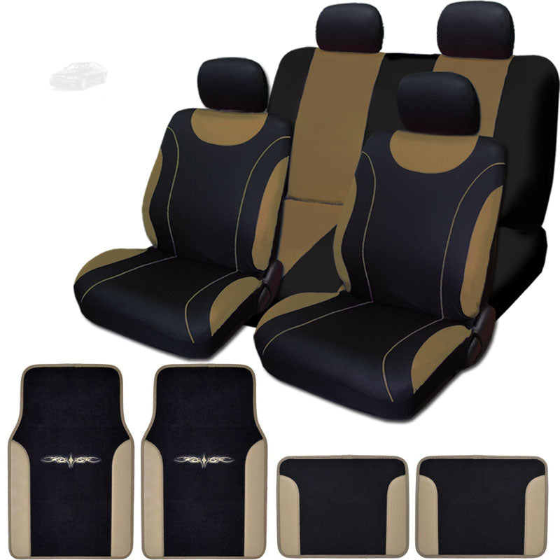 12 Pieces Flat Cloth Sleek Design Black and Tan Front and Rear Car Seat Covers Set with 4 Vinyl Trim Black and Tan Color Carpet Floor Mats Complete Set - Shipping Included