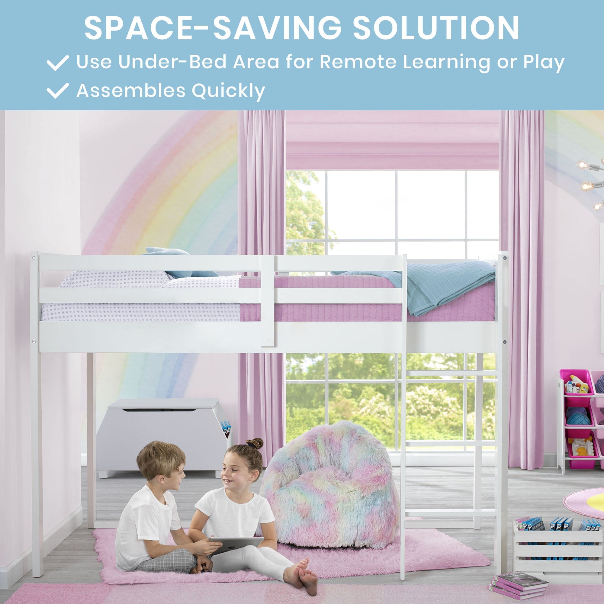 Delta Children Twin Loft Bed with Guardrail and Ladder (Coordinates with Disney Princess & JoJo Siwa Tents Sold Separately), White