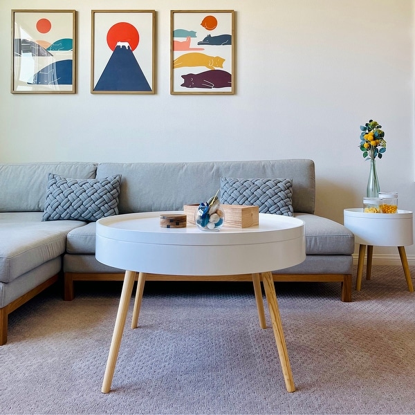 Zoe 2-Piece Mid-Century Modern Round Storage Coffee and End Table Set