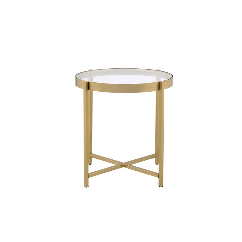 Glass Top Round End Table， Gold Finish