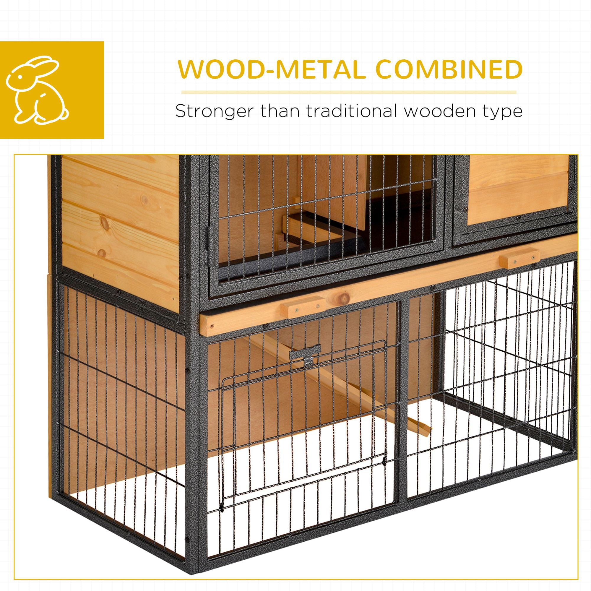 Pawhut Wood-metal Rabbit Hutch Elevated Pet House Bunny Cage Small Animal Habitat with Slide-out Tray Asphalt Openable Roof Lockable Door for Outdoor 35