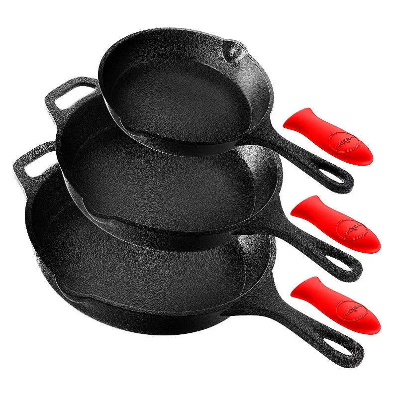 NutriChef Non Stick Pre Seasoned Cast Iron Skillet Frying Pan， 3 Piece Set