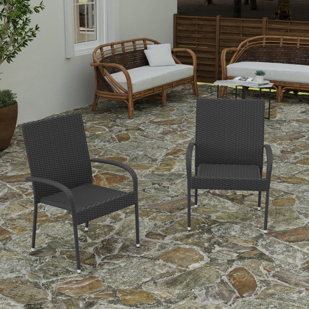 Merrick Lane Set Of Indoor outdoor Black Wicker Patio Chairs With Powder Coated Steel Frame Comfortably Curved Back And Arms