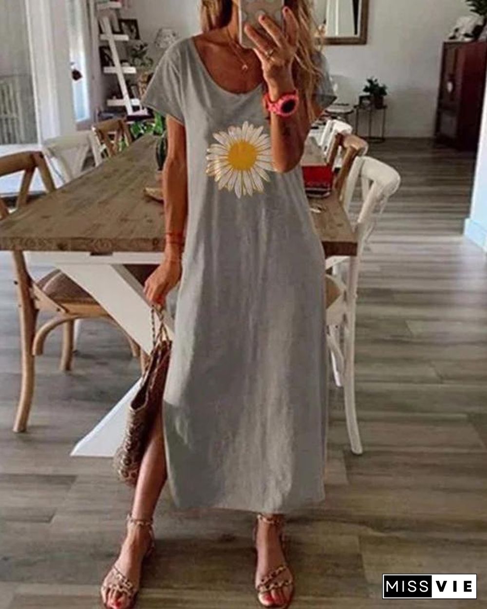 Women Daisy Caftan Slit Casual Floral Dresses