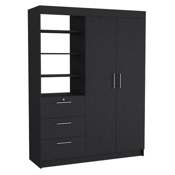 Modern Wardrobe Cabinet， Clothes Locker， Classic 3-Drawers 2-Door 3-Tier Shelf Armoire Organizer for Bedroom， Cloakroom - - 37852074