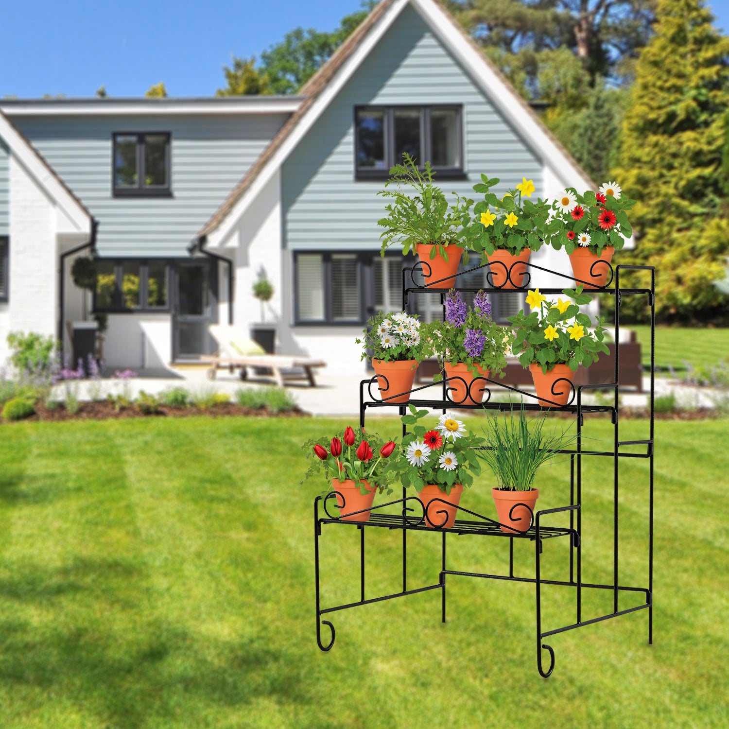 Cerbior 3-Layer Foldable Metal Plant Stand Black Rectangle Flower Pot Rack Holder