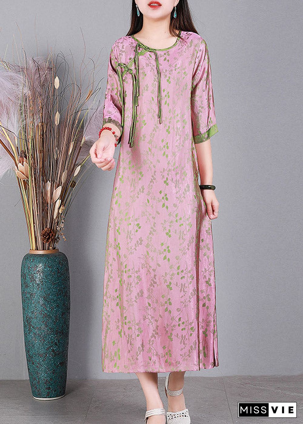 Jacquard Pink O-Neck Print Button Silk Long Dress Half Sleeve