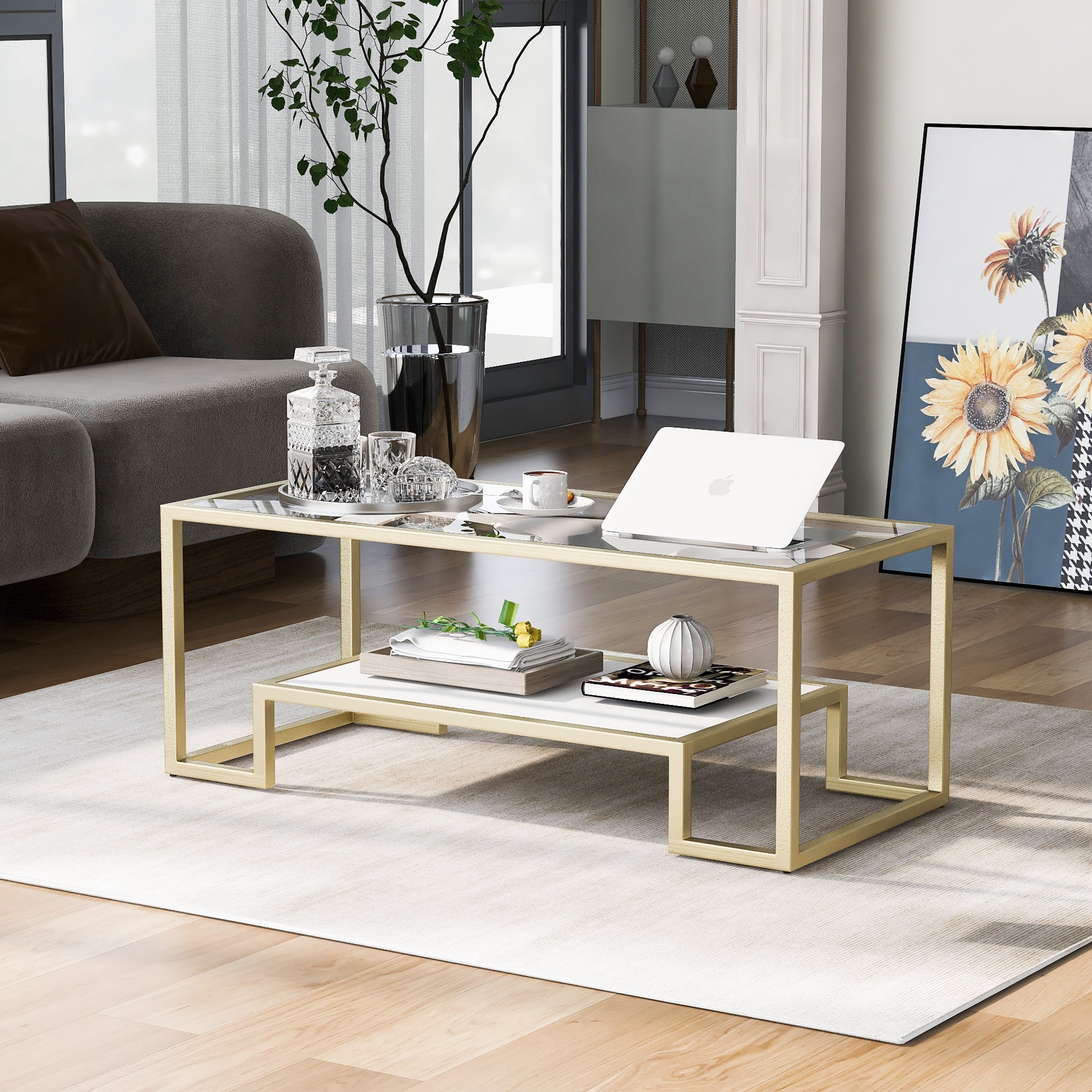 Modern Minimalist Design Living Room Coffee Table, Metal with Stained White Tempered Glass, 2-Tier Sofa Cocktail Tables, Gold