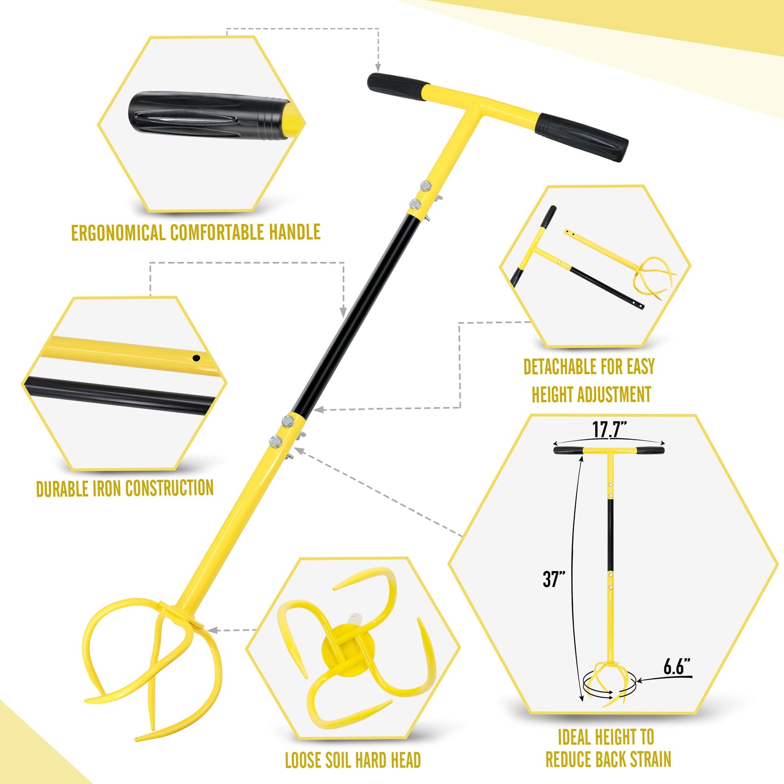 Hortem Twist Tiller Removable, Hand Garden Claw Cultivator with Durable Steel Shaft Tines and Comfortable Handle 76cm Long