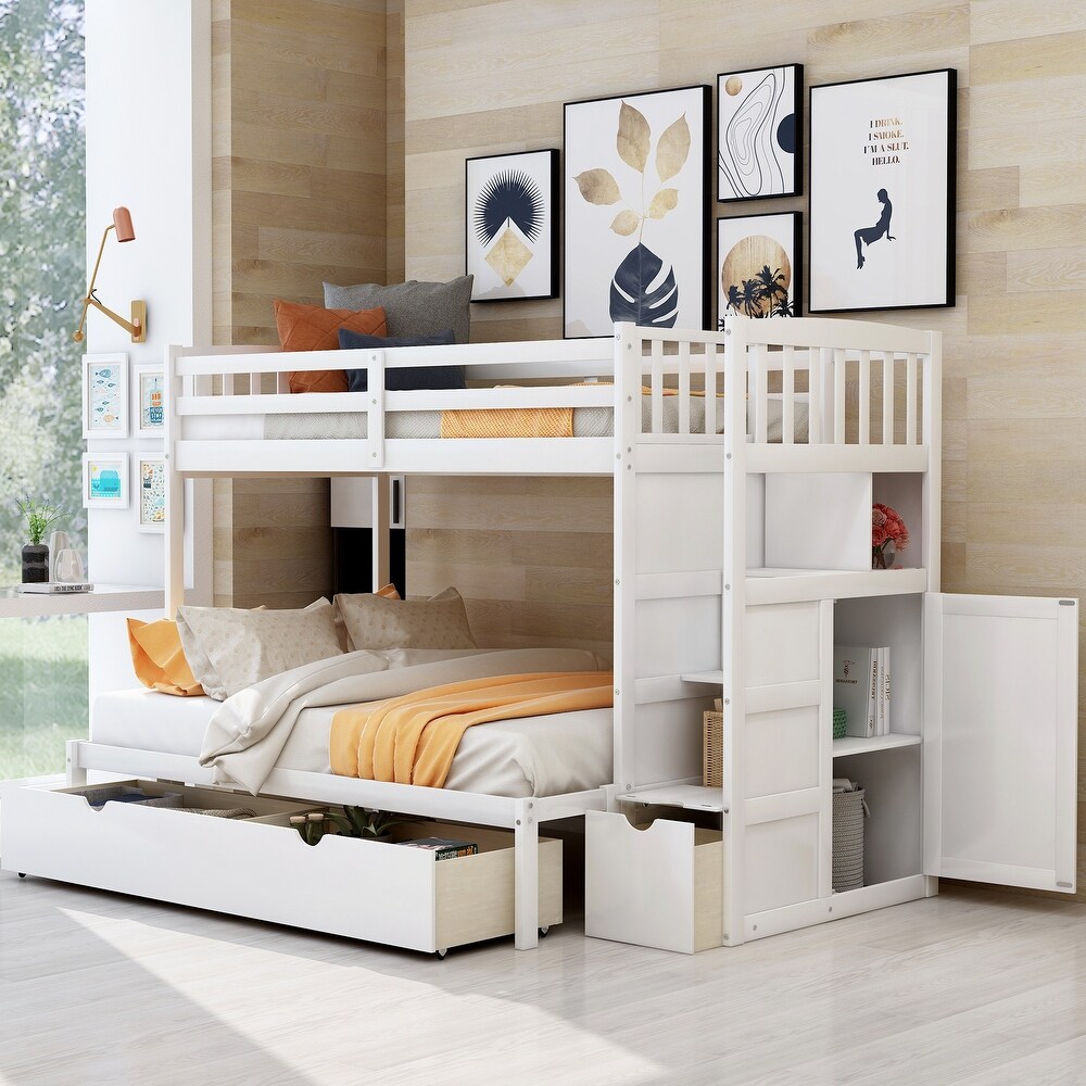 Contemporary Style Twin over Full/Twin Bunk Bed  Convertible Bottom Bed  Storage Shelves and Drawers