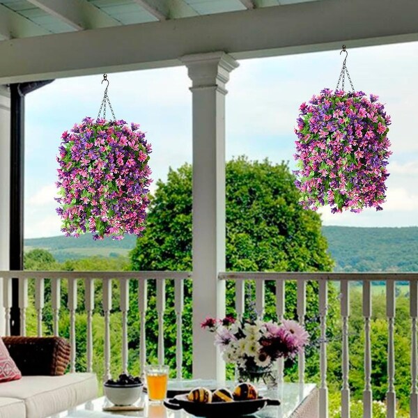 Artificial Hanging Flowers in Basket for Outdoor Spring Decoration，4pcs Faux Silk Violet Flower Bouquet UV Resistant