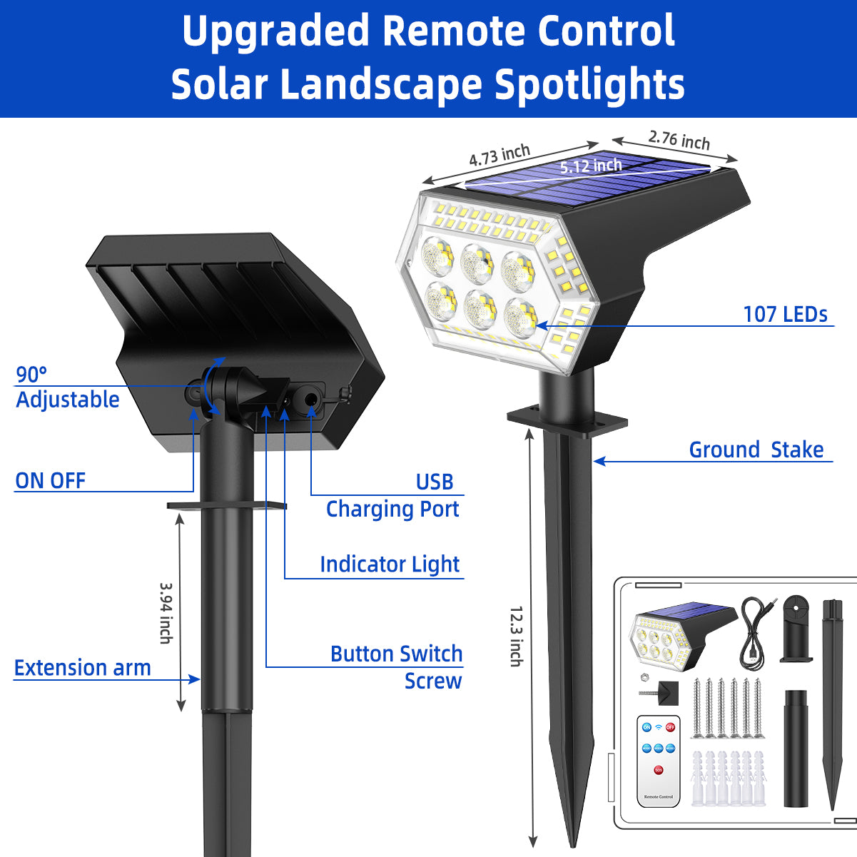 107 LED Solar Landscape Spotlights Outdoor， Ground/Wall Solar Spot Lights with Remote Control， USB and Solar Powered Wall Lights， 4 Lighting Modes Solar Security Lights for Garden Yard Patio， 4 Pack