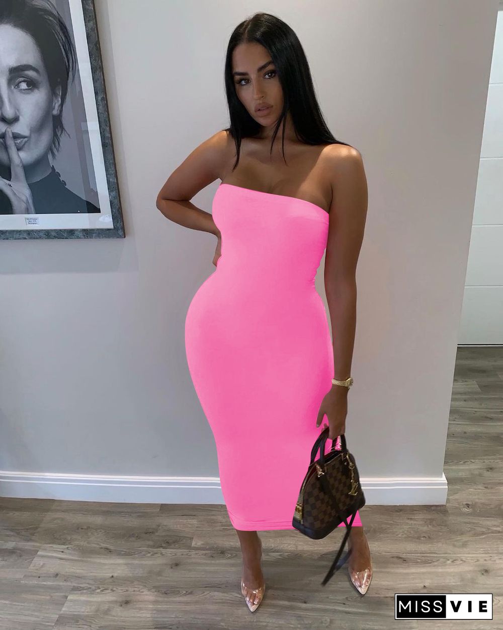 Sexy Summer Fashion Solid Color Strapless Tight-Fitting Long Dress