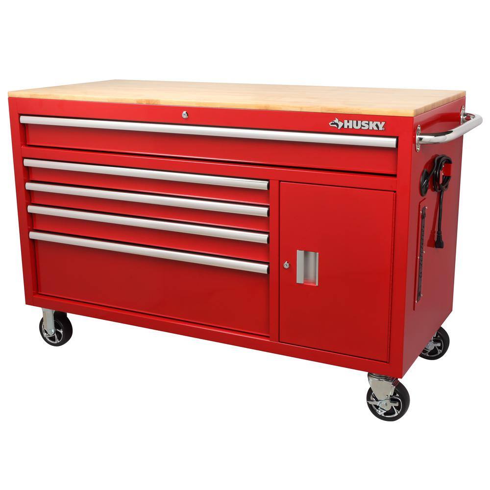 Husky 56 in. W x 25 in. D Standard Duty 5-Drawer 1-Door Mobile Workbench Tool Chest with Solid Wood Top in Gloss Red H56MWC5GRXD