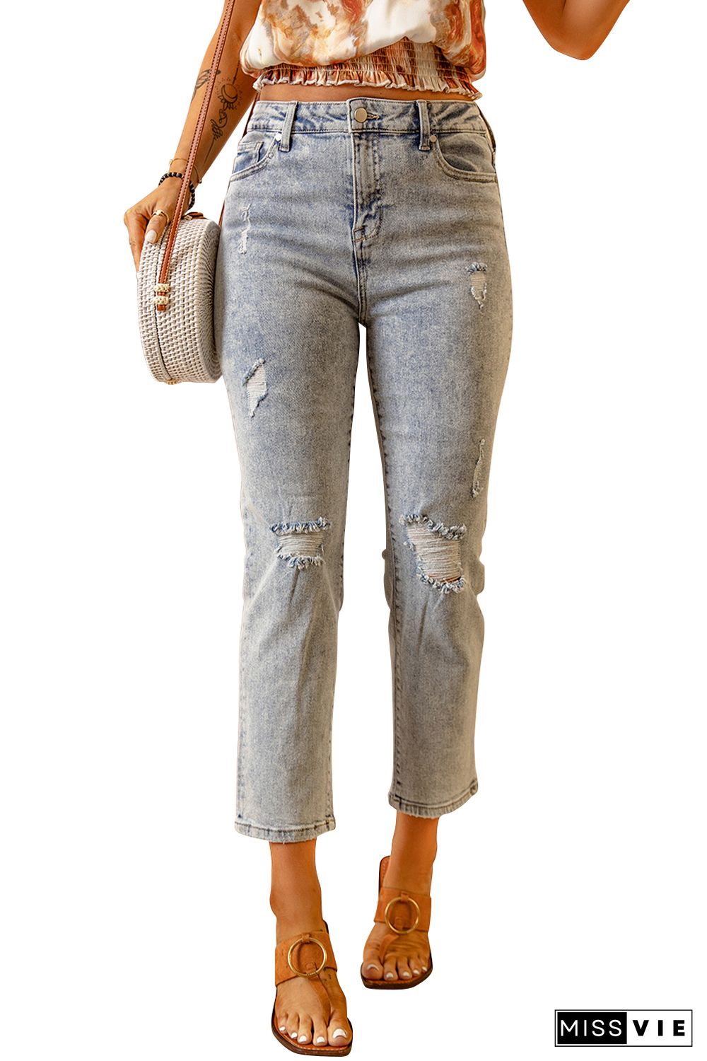 Sky Blue Light Wash Ripped Straight Leg High Rise Jeans